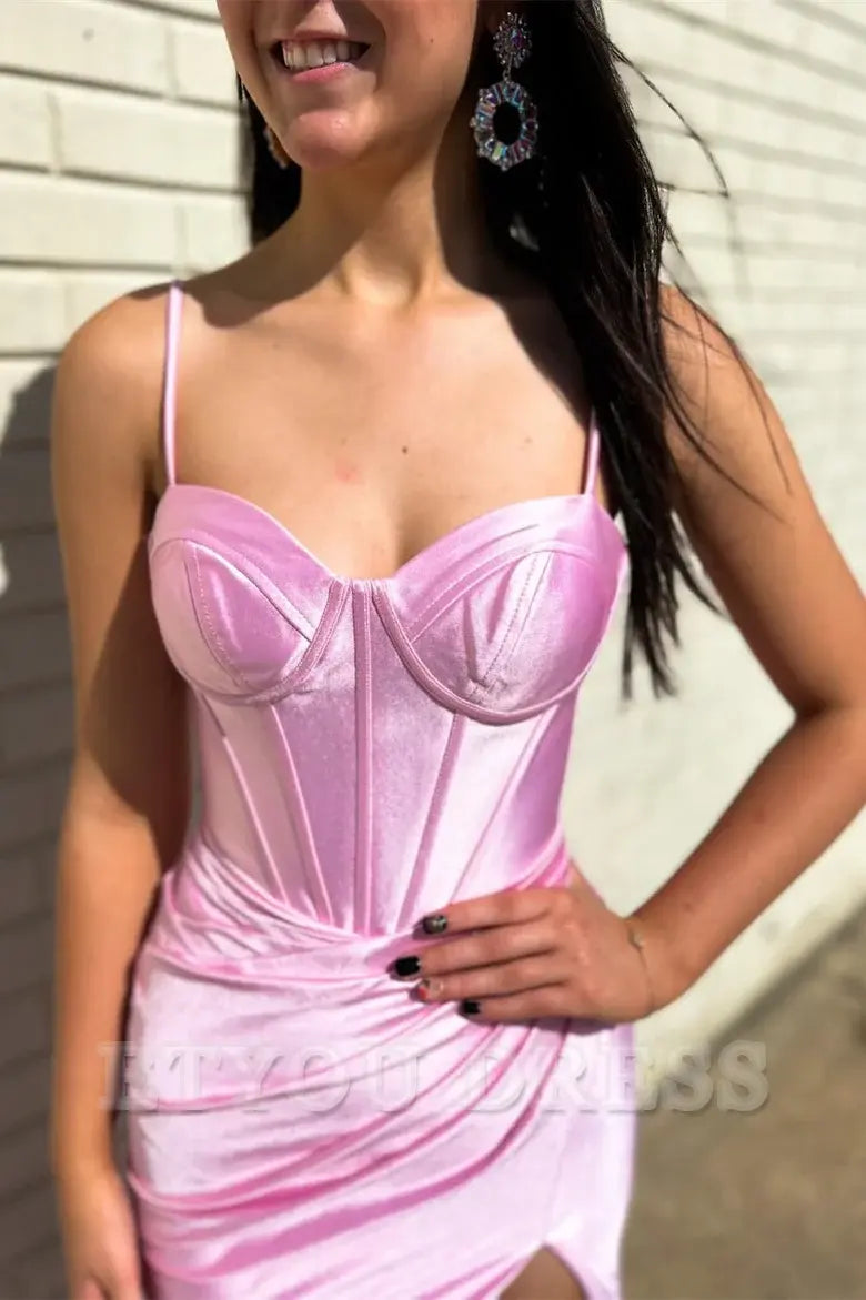 Mermaid Corset Spaghetti Strap Pink Long formal dresses Bridesmaid Dresses evening gown Prom Dress with Slit
